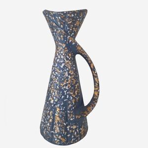 Vintage Mid-Century Modern Style Blue & Gold Speckled Ceramic Pitcher Vase